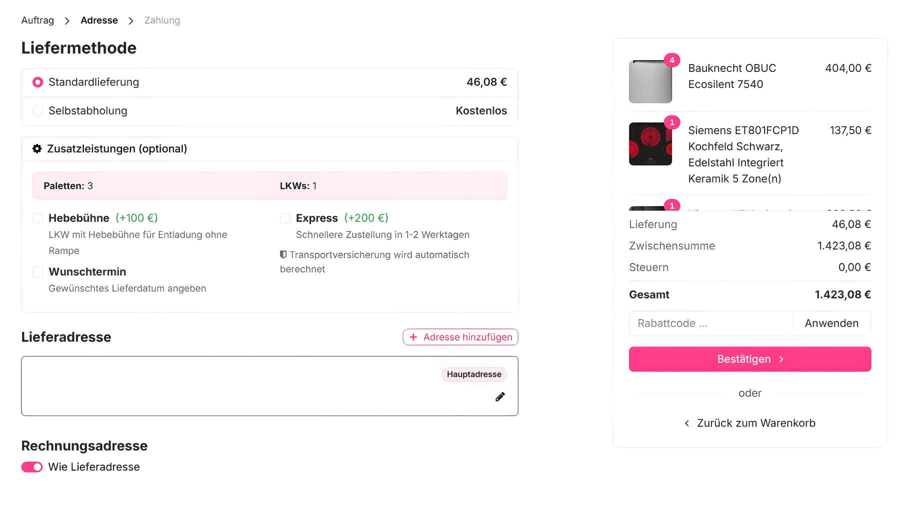 elvinci Checkout und Bestellübersicht