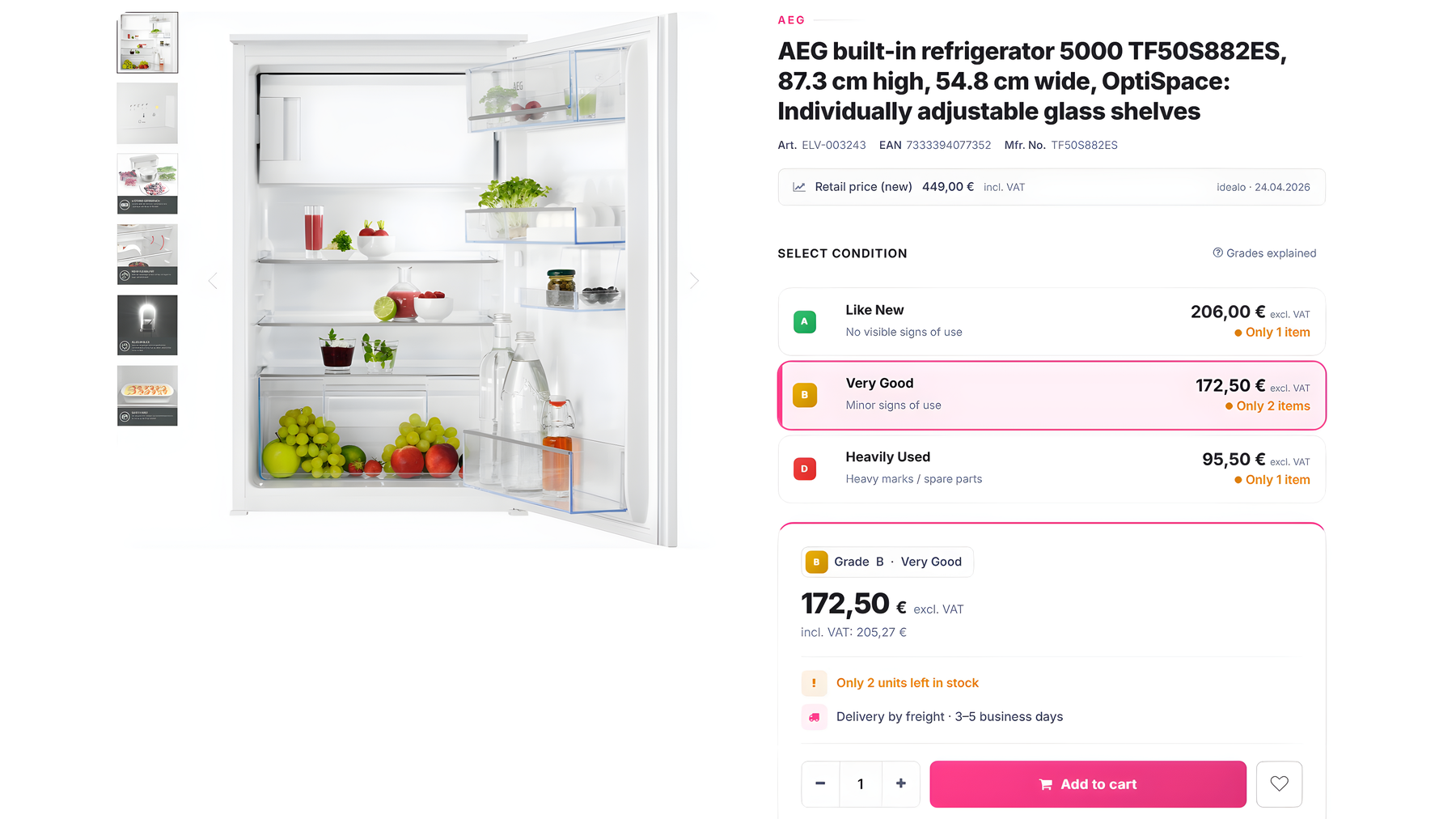 elvinci product page with grade selection