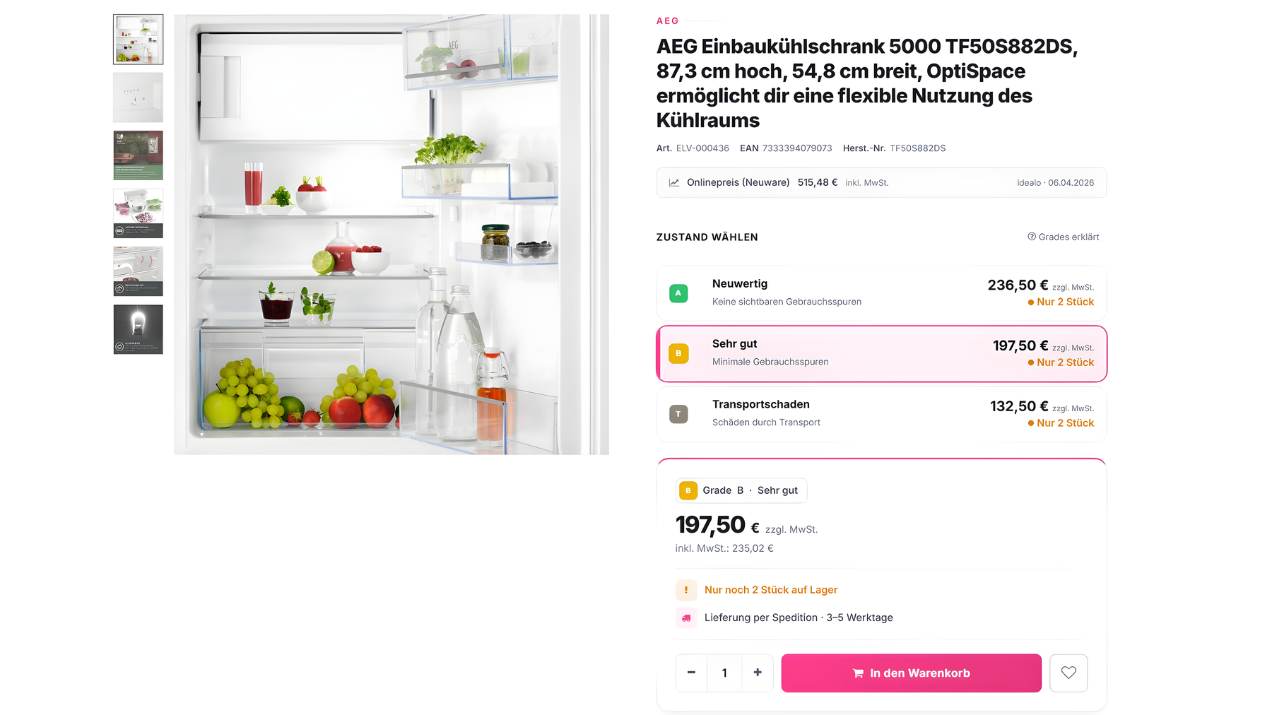 elvinci product page with grade selection